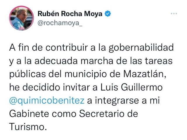 Rocha Moya invita al Químico Benítez a su gabinete como Secretario de Turismo